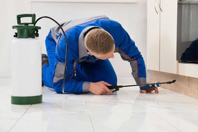 Professional technician in full protective gear for wasp removal