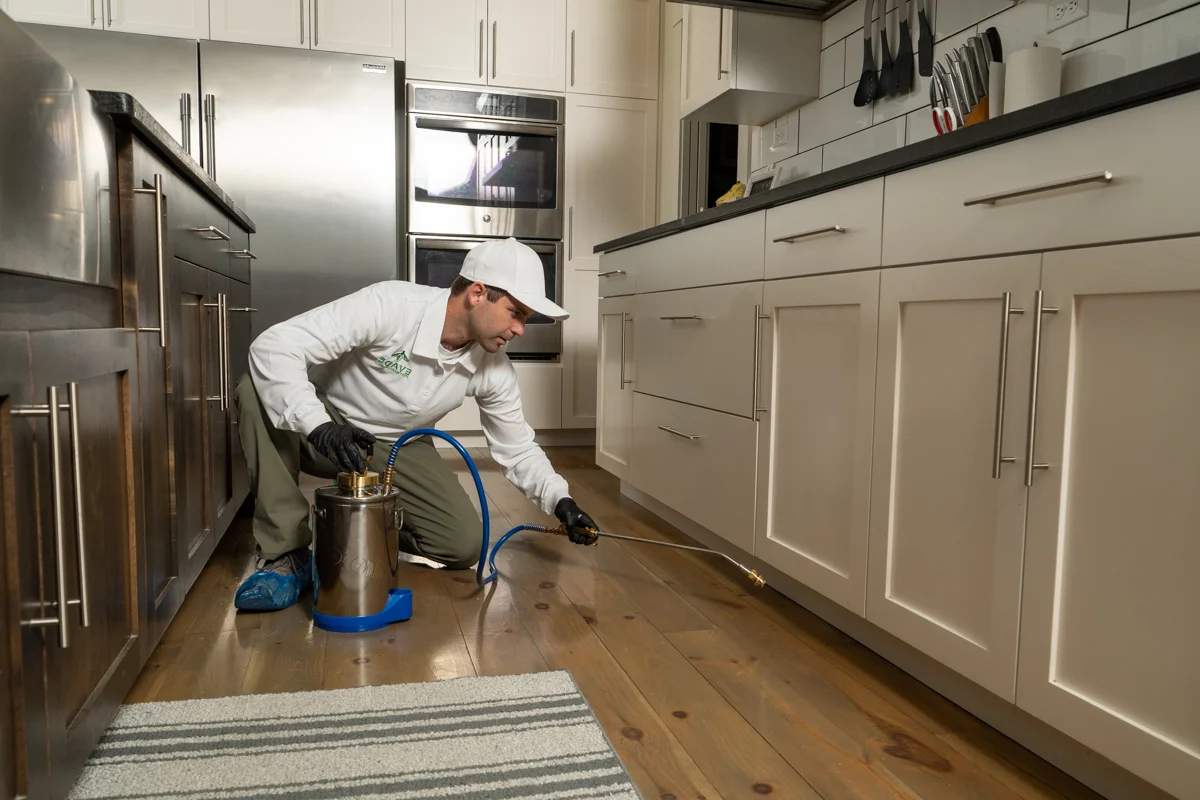 Pest control technician inspecting a residential home